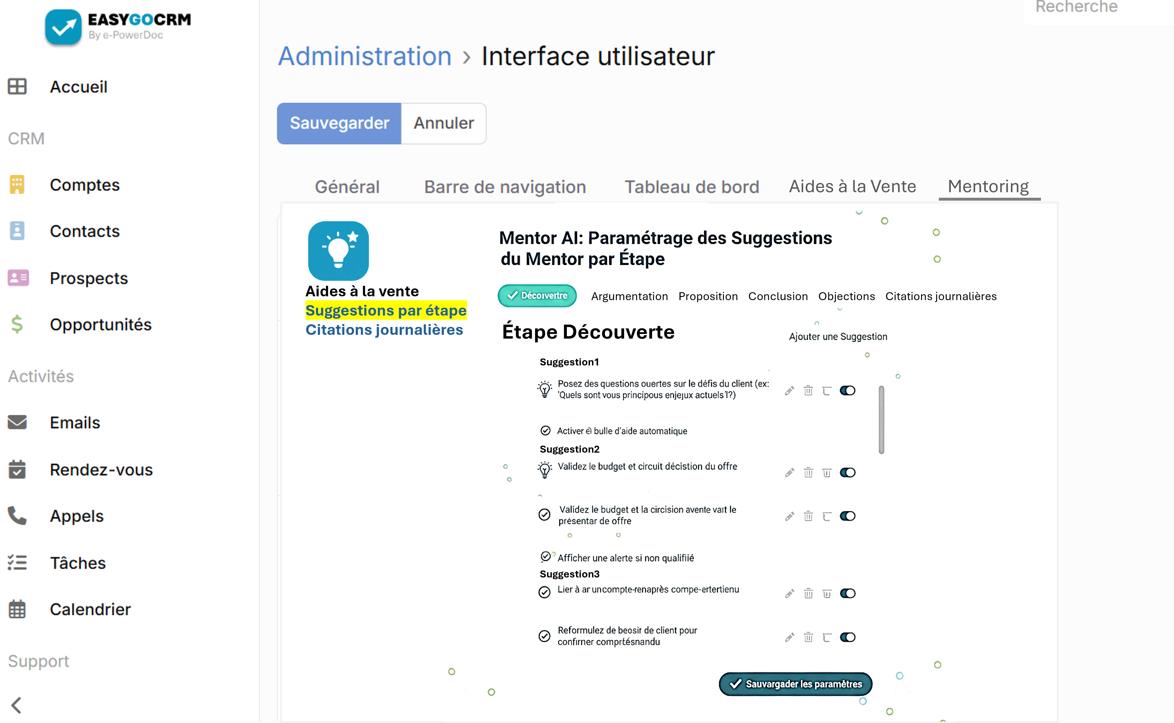 Back Office Paramètres